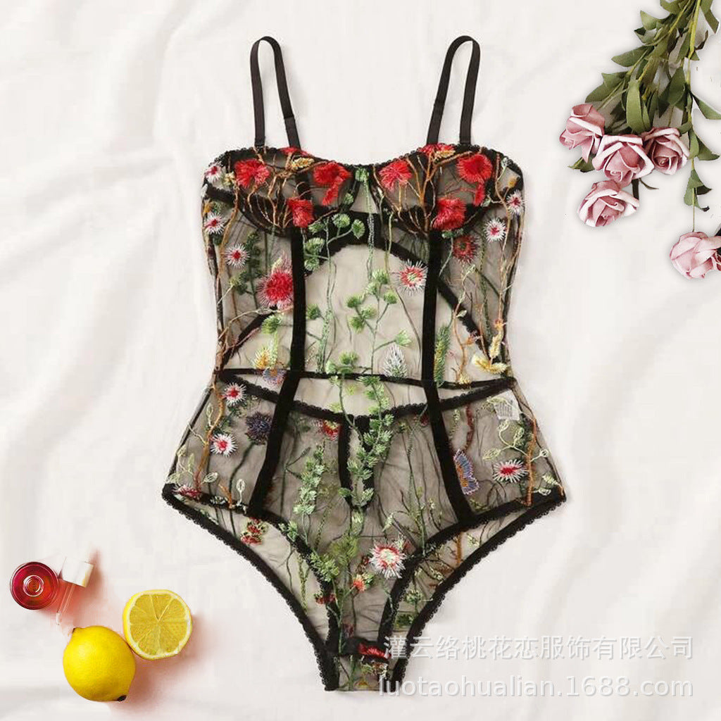 Cross-border sales hot-selling European and American foreign trade sexy underwear sexy hollow lace one-piece suspender nightdress