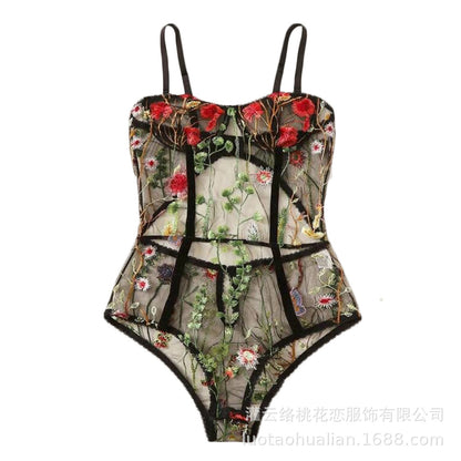Cross-border sales hot-selling European and American foreign trade sexy underwear sexy hollow lace one-piece suspender nightdress